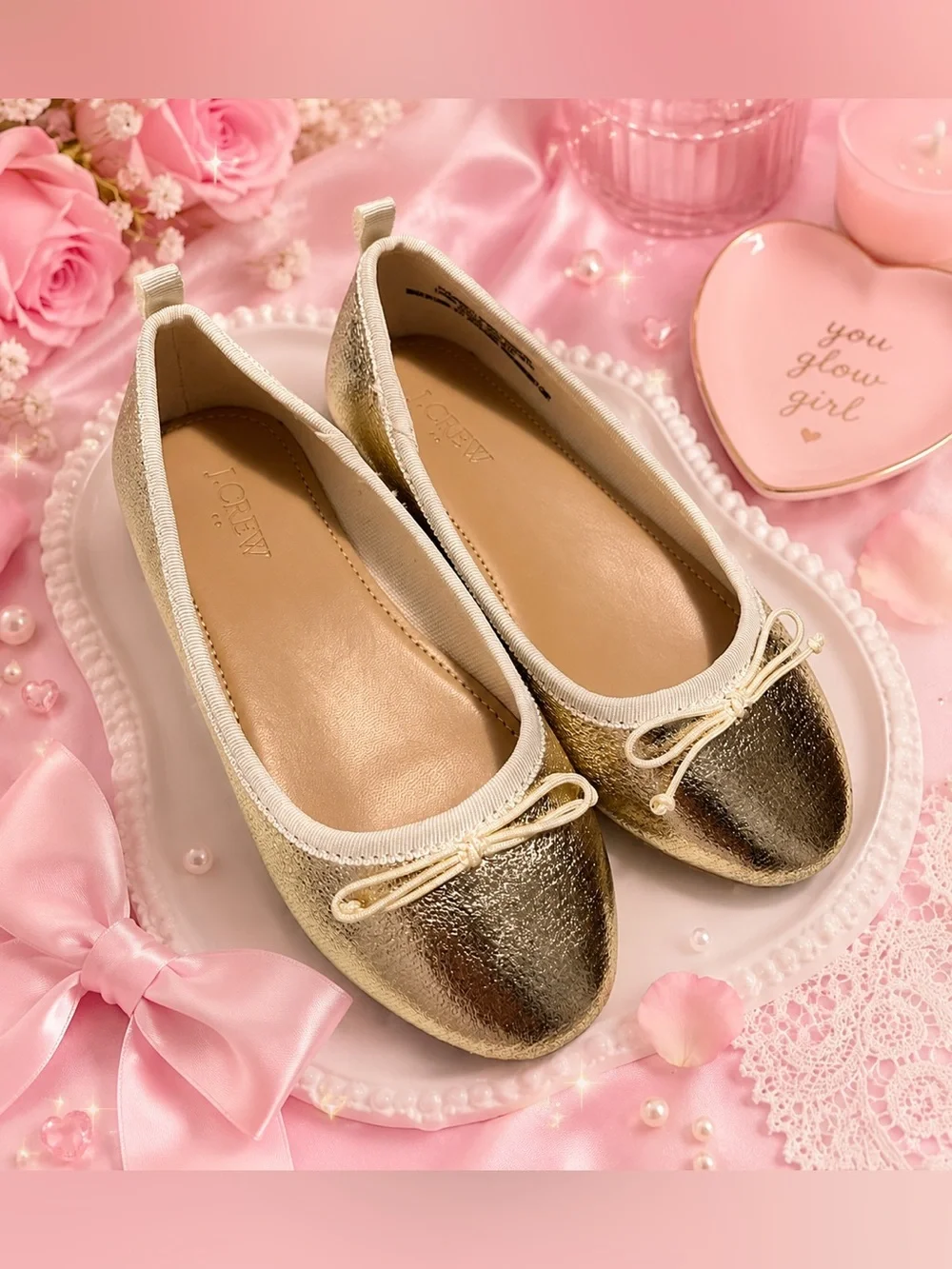 J. Crew Metallic Gold Ballet Flats with Bow Trim